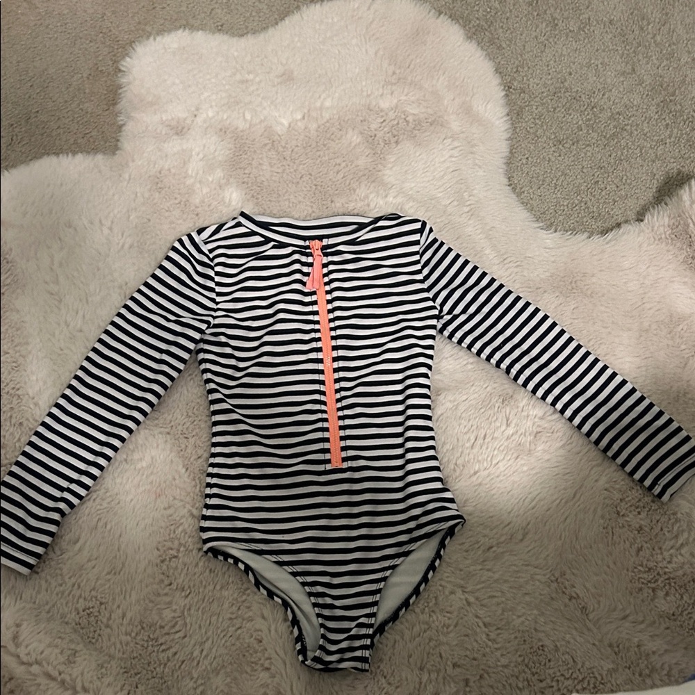 GAP Black and White Striped Kids bathing suit with coral Zipper